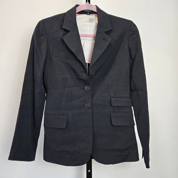 Theory Wool Pinstripe Blazer Jacket Black Womens Small Career Classic Preppy - Picture 1 of 7